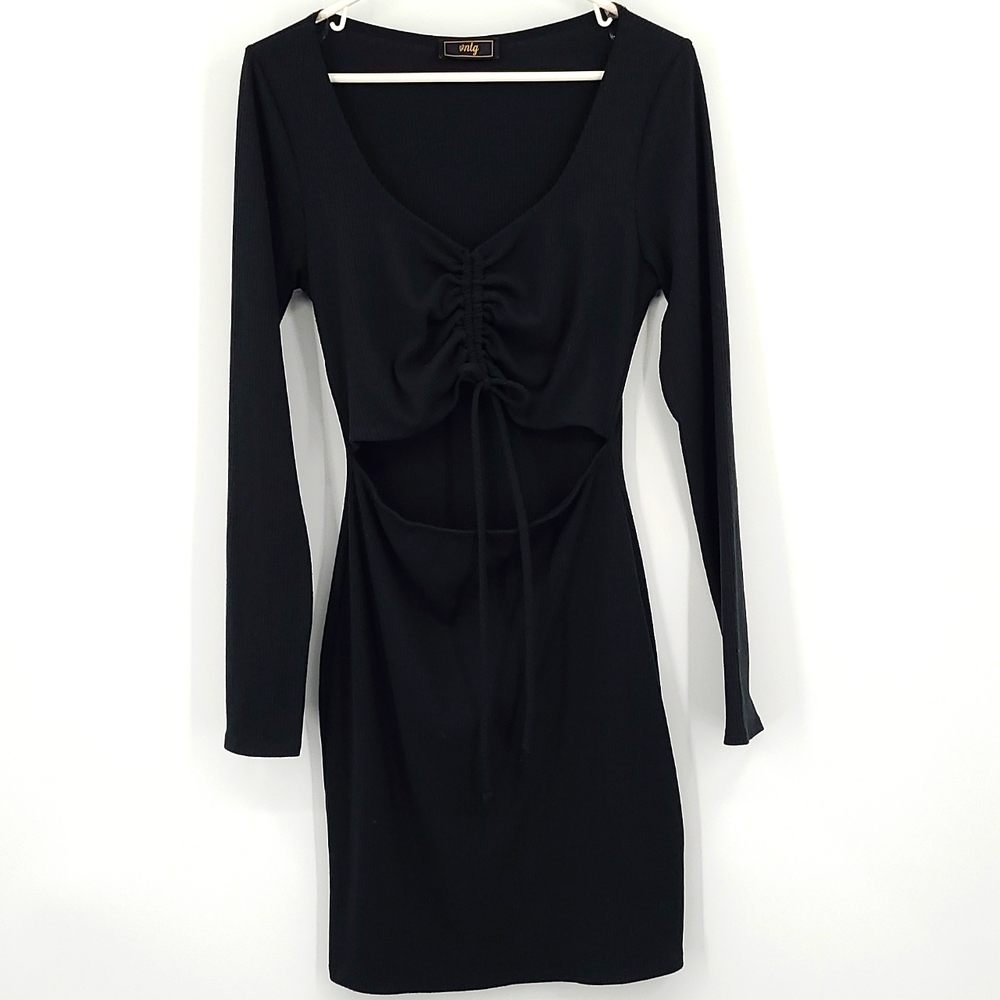 VNTG Large Black ribbed Long sleeve pull cinch top open front mini dress Sexy